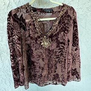 Brown beaded mesh long sleeve
